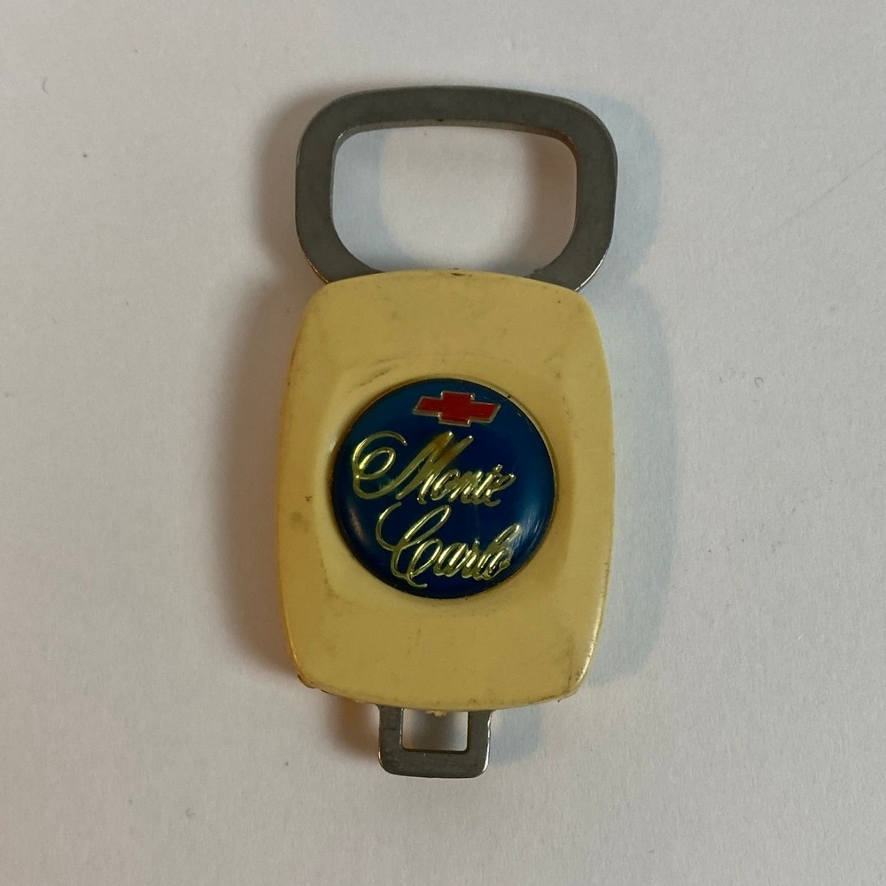 Vintage Chevrolet Monte Carlo Keychain Push Release Cream Blue Gold Bowtie Logo